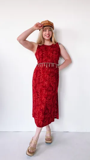 1990s Tropical Babe Hibiscus Red Midi Dress, sz. S