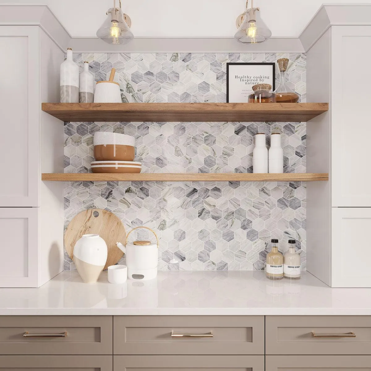 3" Calacatta Bluette Hexagon Honed Marble Mosaic Tile