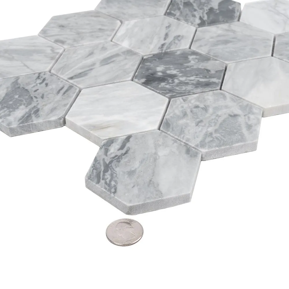 3" Calacatta Bluette Hexagon Honed Marble Mosaic Tile