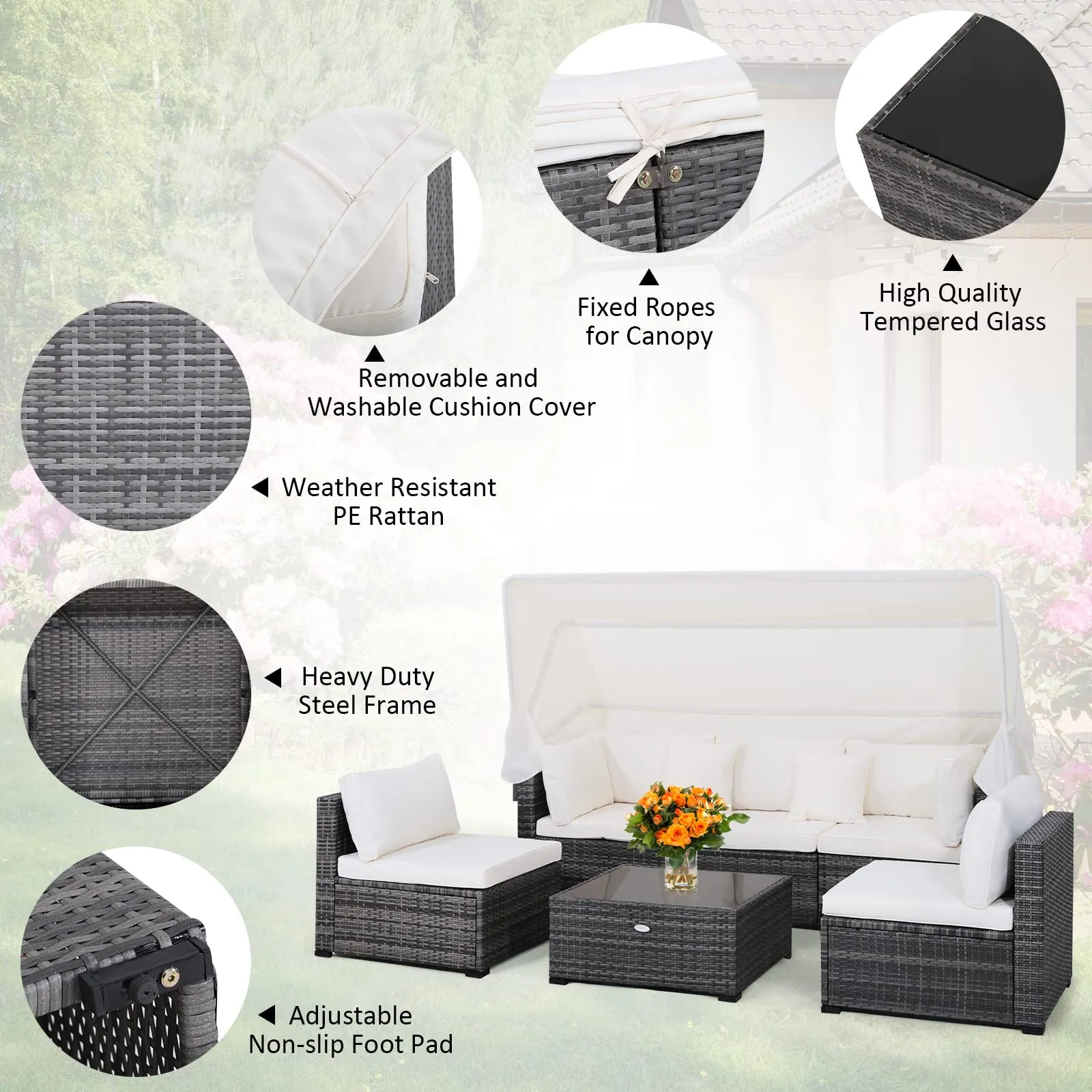6-Piece Patio Furniture Set w/Retractable Canopy, Outdoor Conversation Set