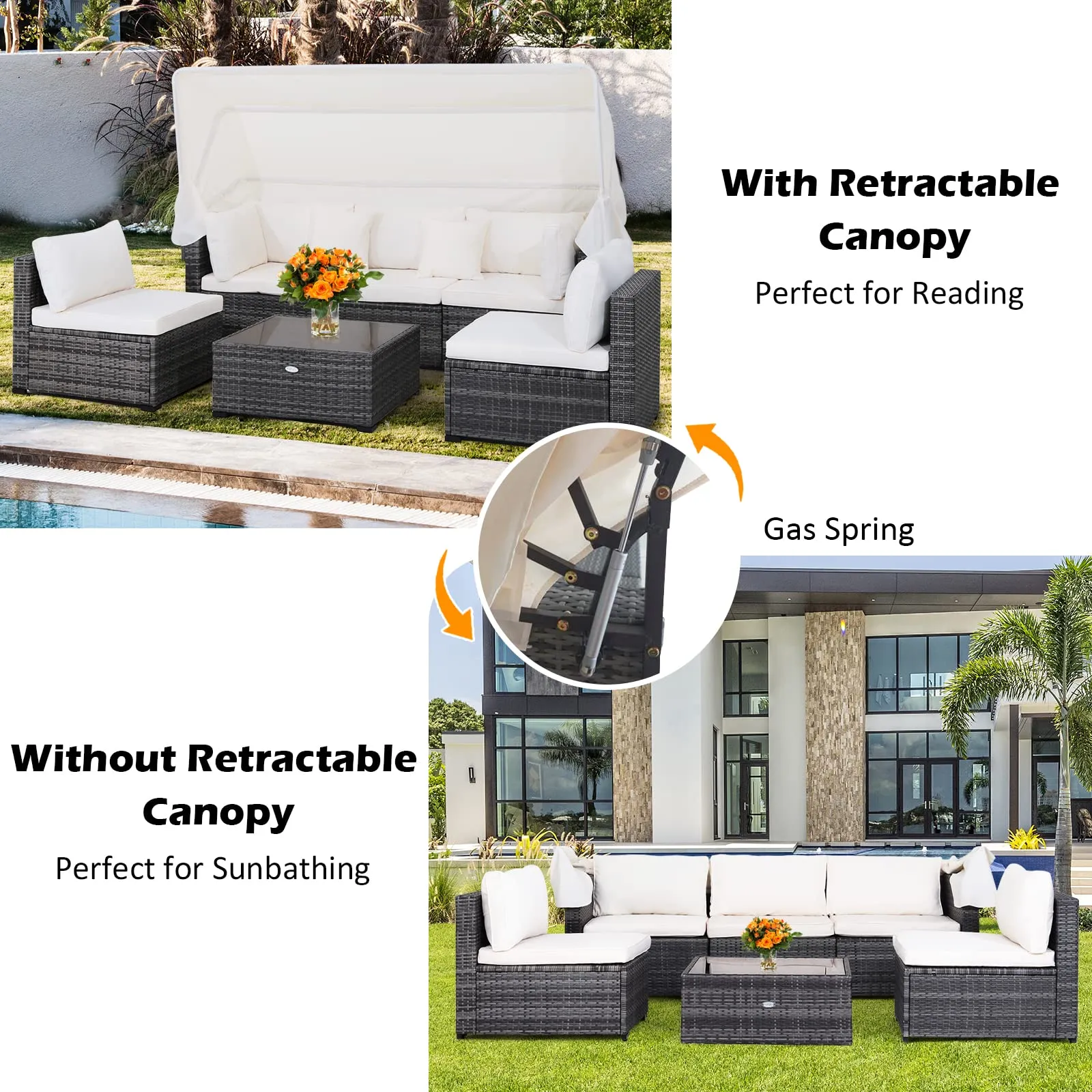 6-Piece Patio Furniture Set w/Retractable Canopy, Outdoor Conversation Set