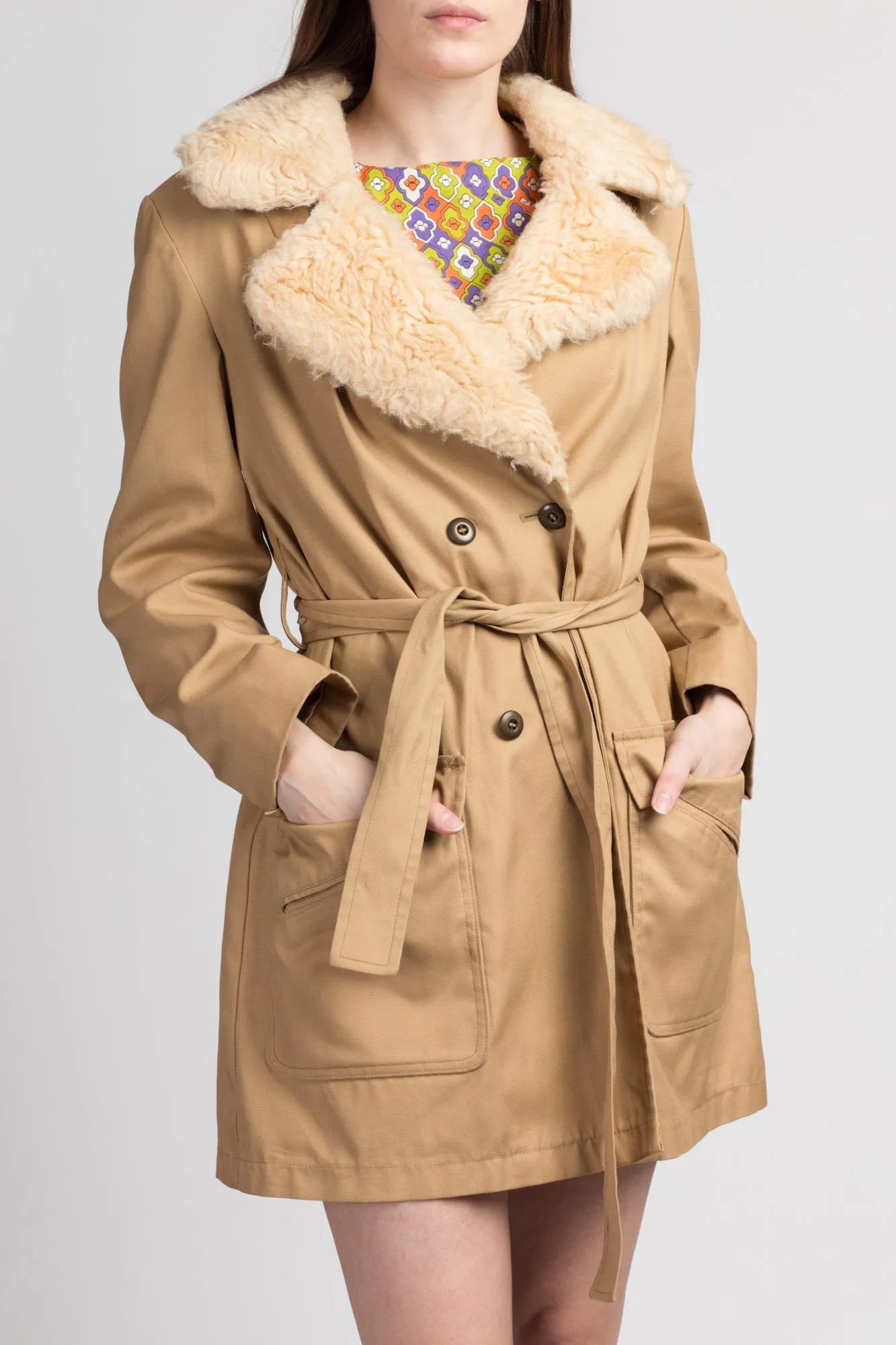 70s Boho Shearling Trim Mini Trench Coat - Medium