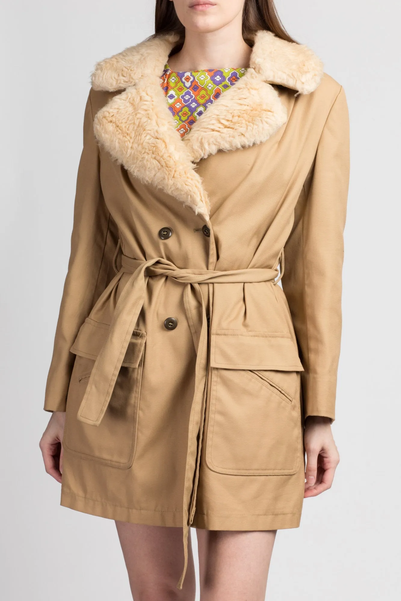 70s Boho Shearling Trim Mini Trench Coat - Medium