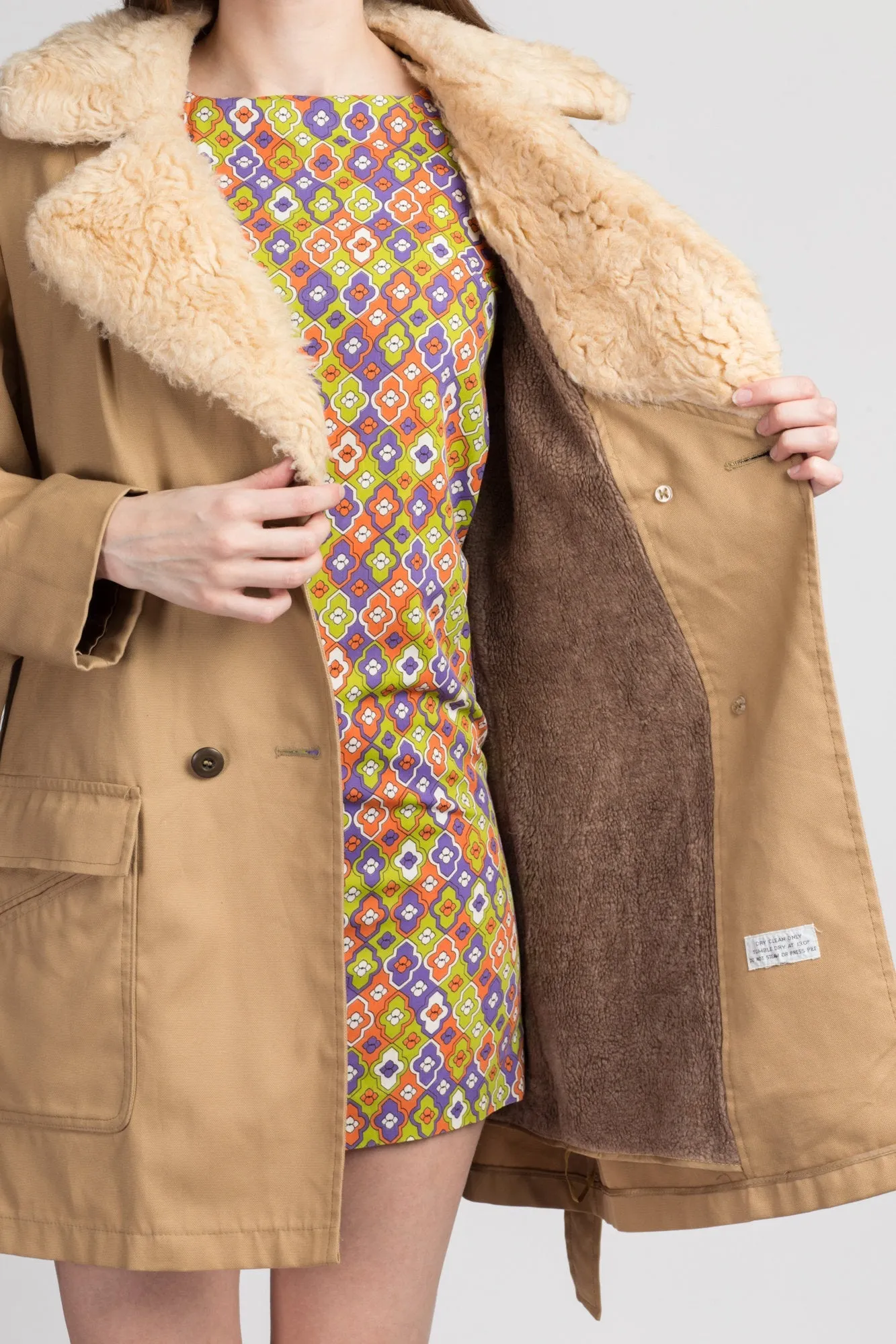 70s Boho Shearling Trim Mini Trench Coat - Medium