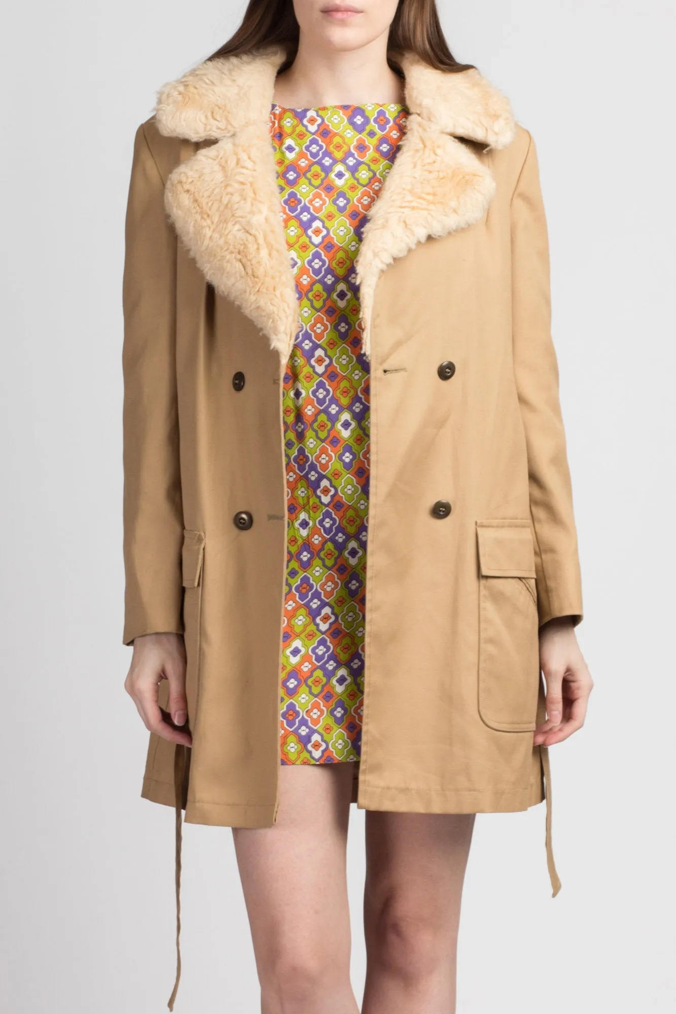 70s Boho Shearling Trim Mini Trench Coat - Medium