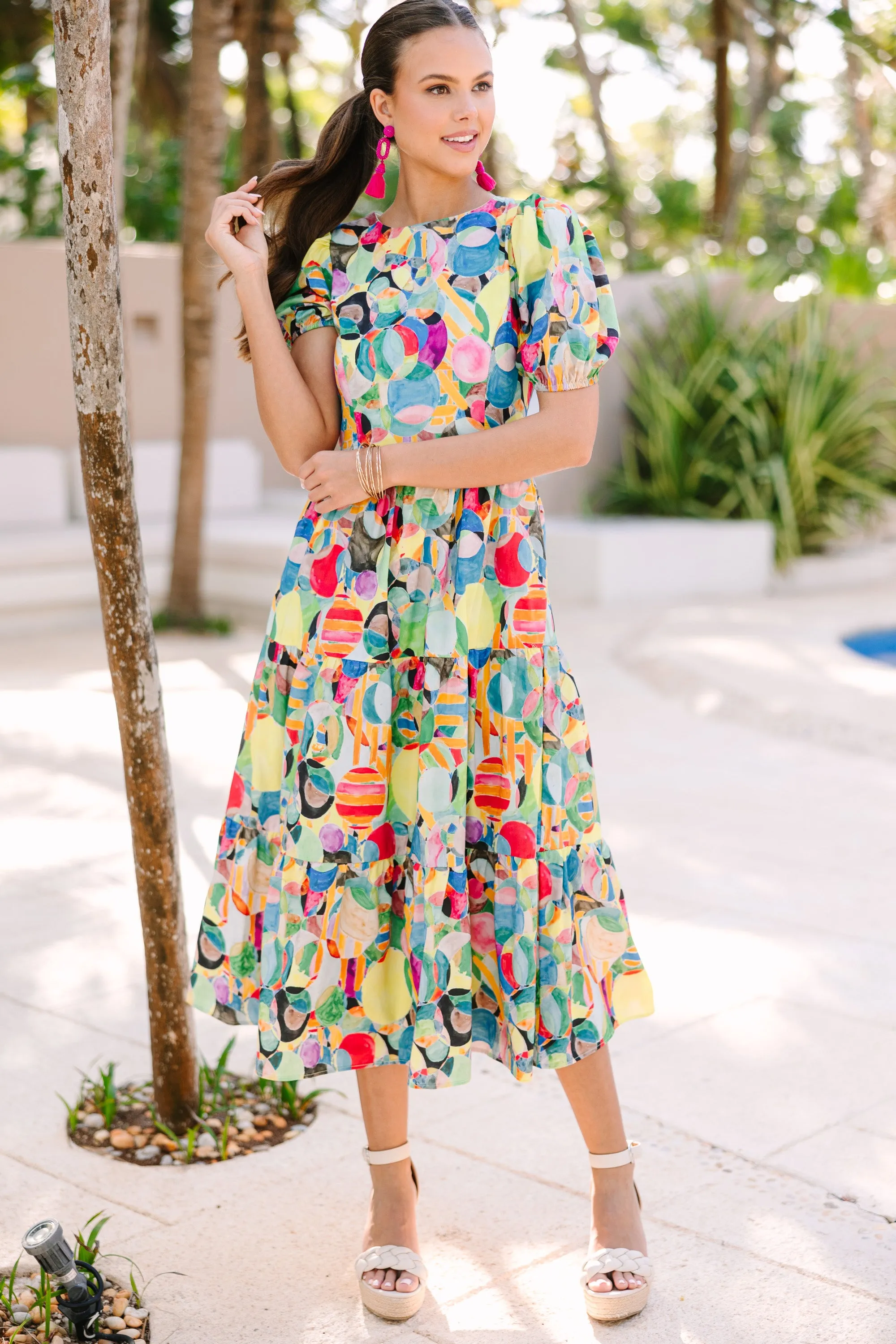 All The Fun Yellow Multi Abstract Midi Dress