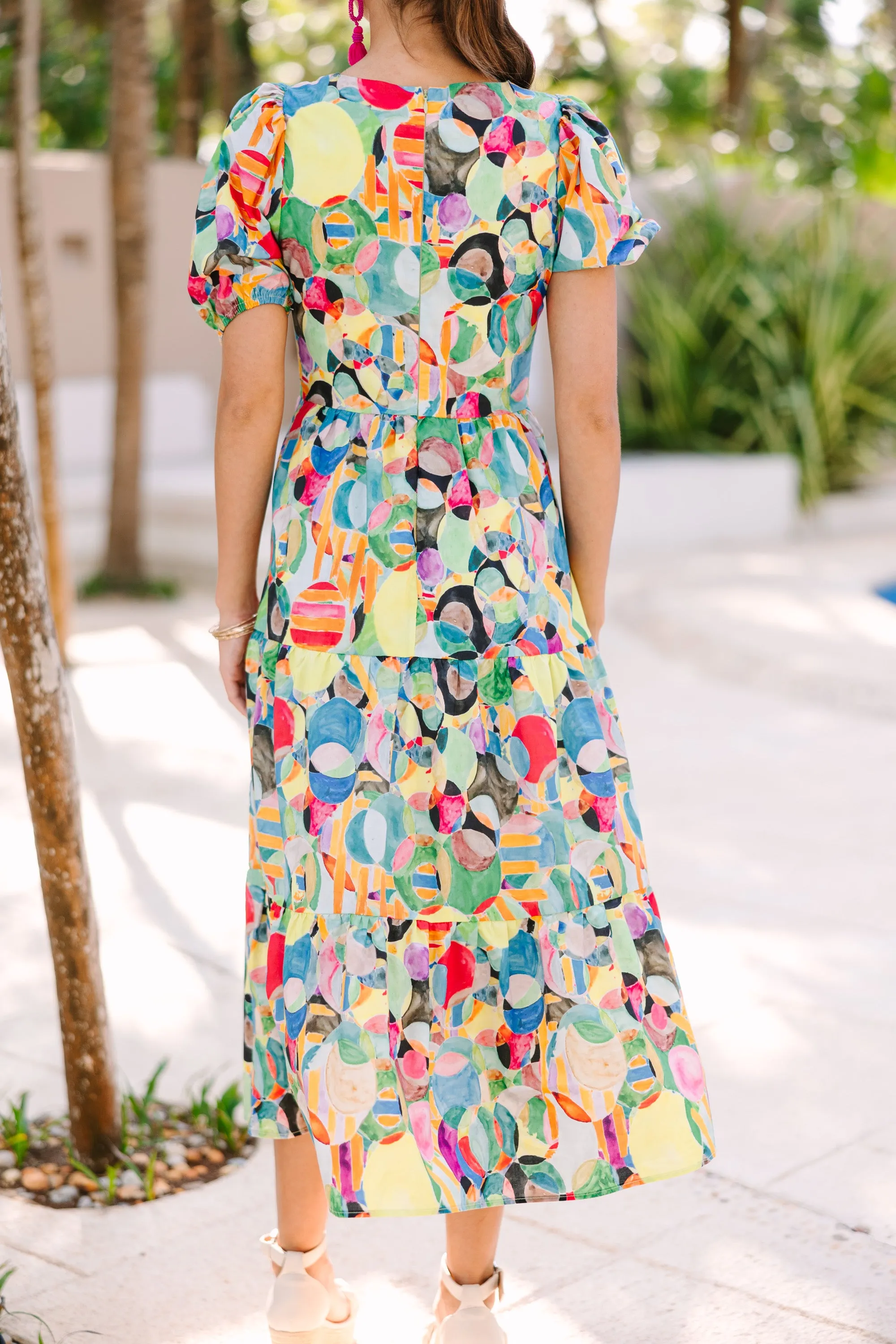 All The Fun Yellow Multi Abstract Midi Dress