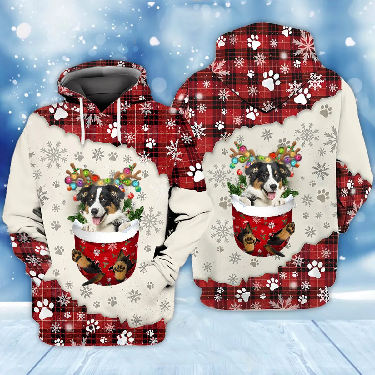 Australian Shepherd In Snow Pocket Merry Christmas Unisex Hoodie