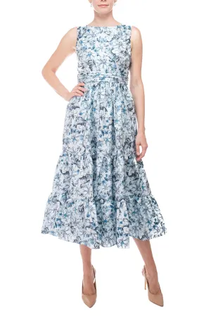 Badgley Mischka bateau neck sleeveless cutout back ruffled hem A-line floral print jacquard dress