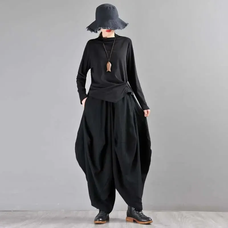 Black Linen High-Waisted Bohemian Harem Pants for Women