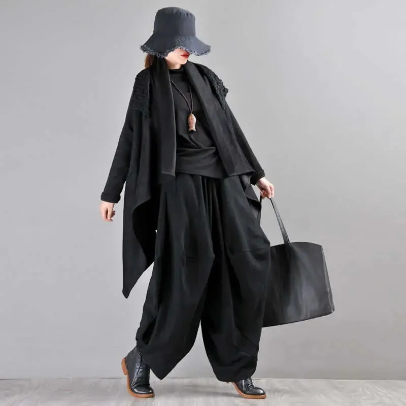Black Linen High-Waisted Bohemian Harem Pants for Women