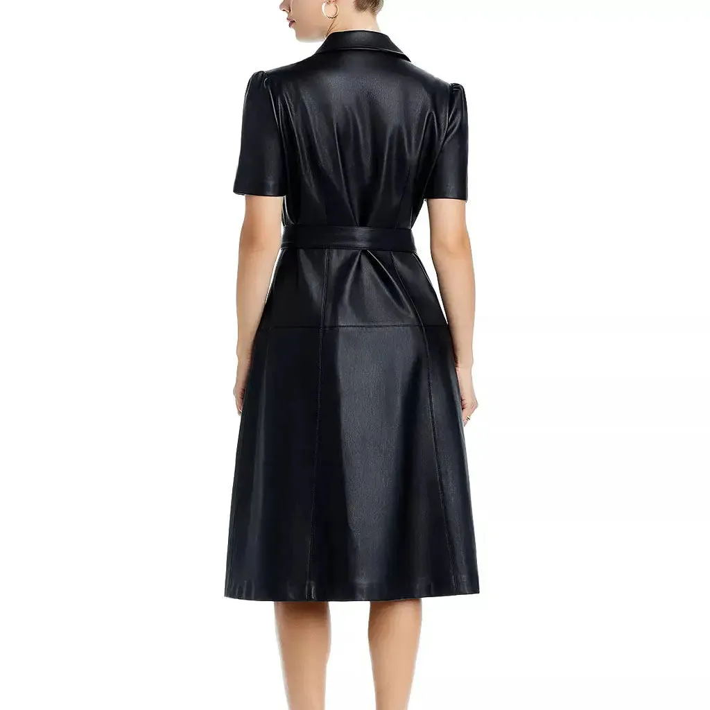 Black Pointed Collar Women Genuine Leather Midi Dress