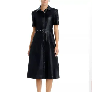 Black Pointed Collar Women Genuine Leather Midi Dress