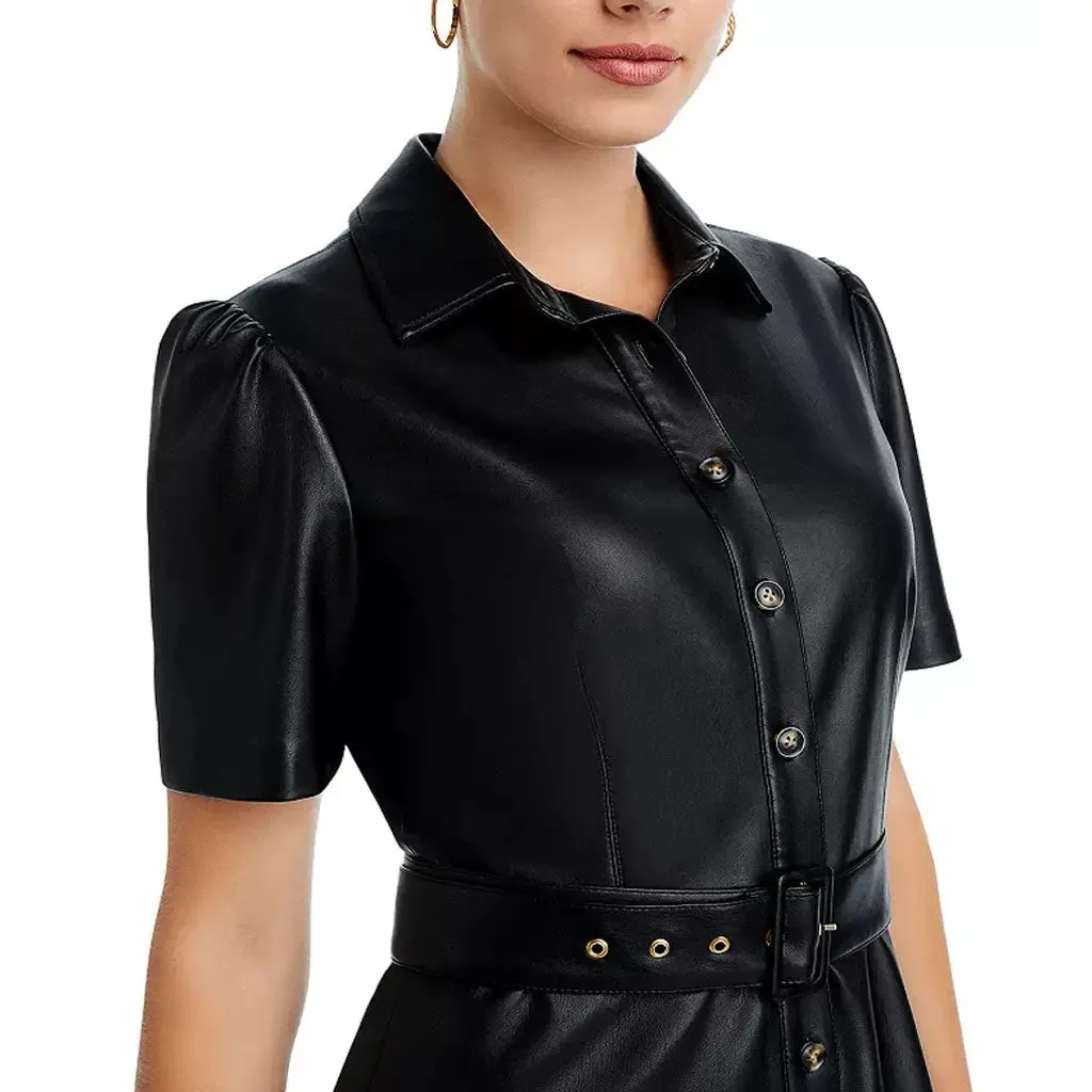 Black Pointed Collar Women Genuine Leather Midi Dress