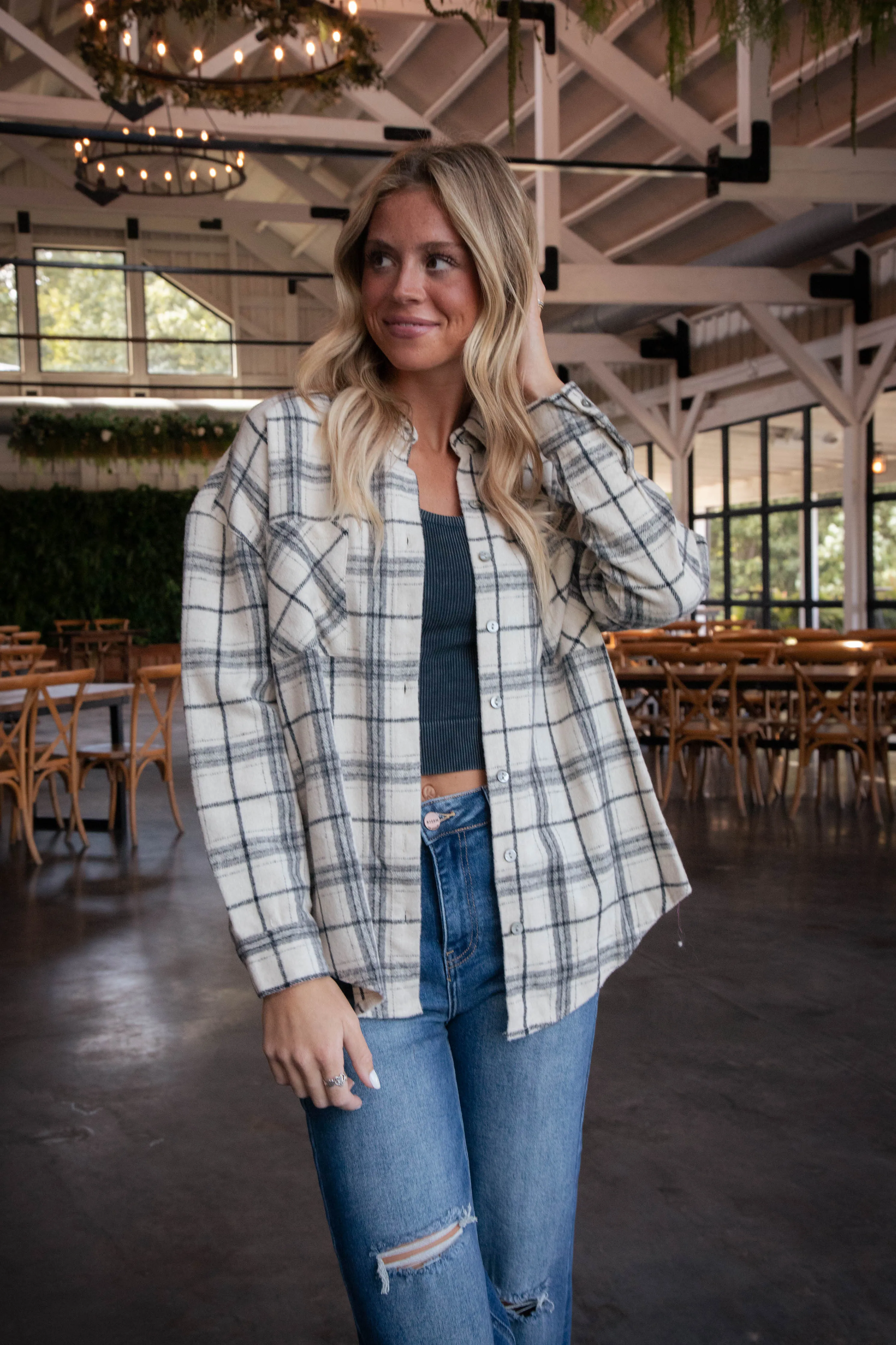 Blaire Plaid Shacket, Ecru