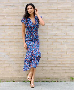 Blue Floral Ruffle Midi Dress