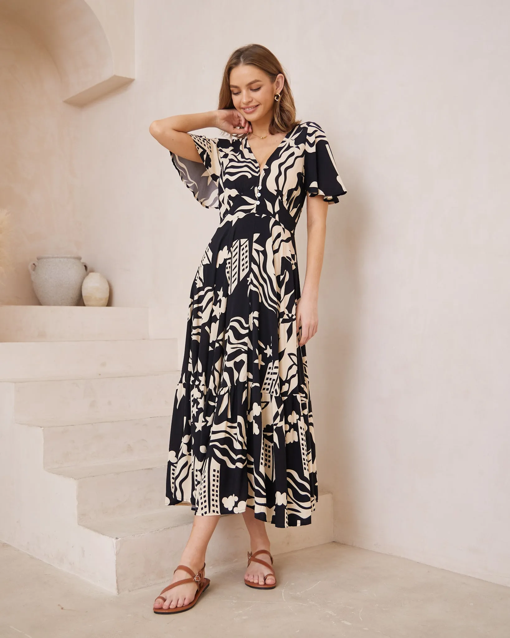 Cali Black Abstract V-Neck Midi Dress