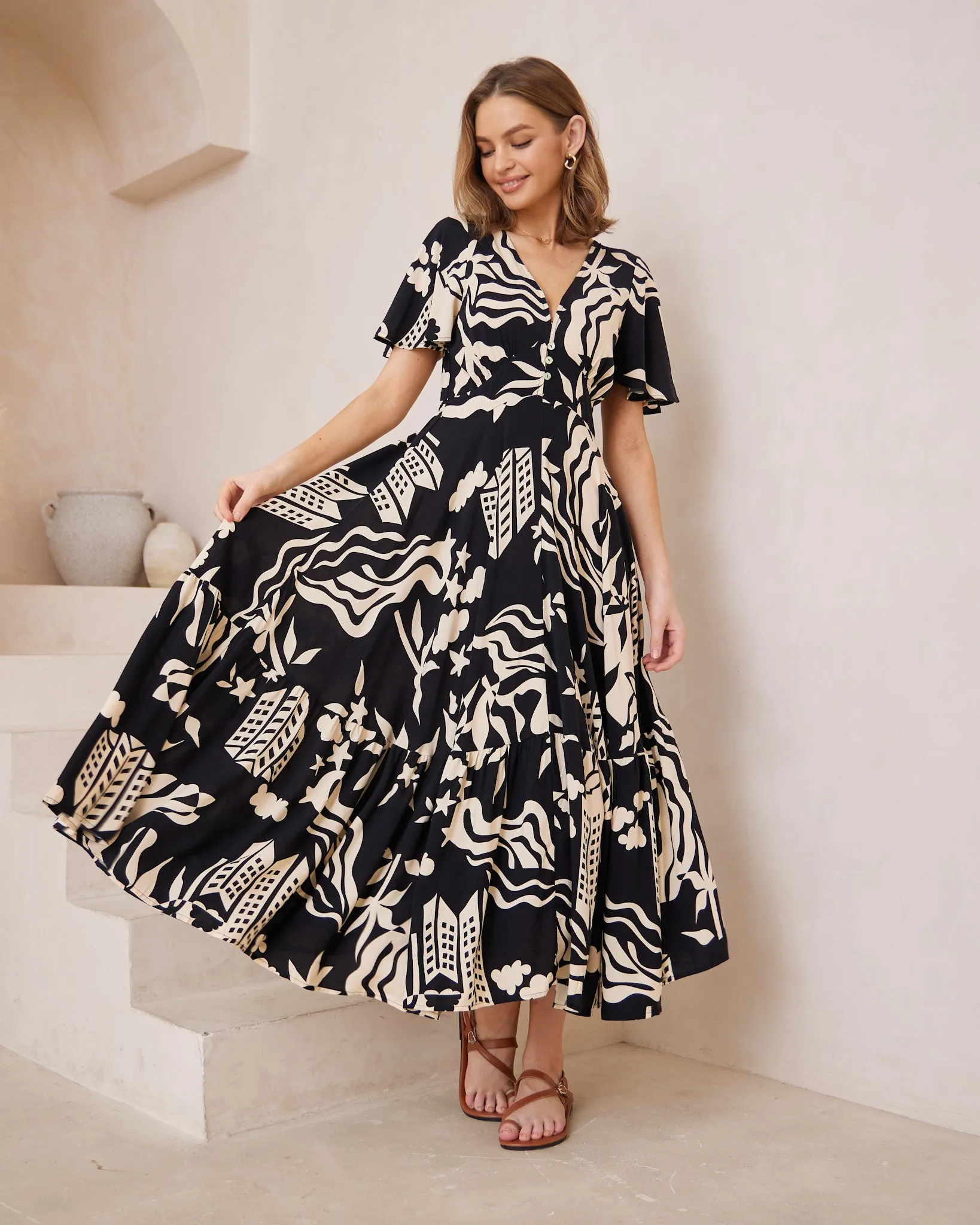 Cali Black Abstract V-Neck Midi Dress