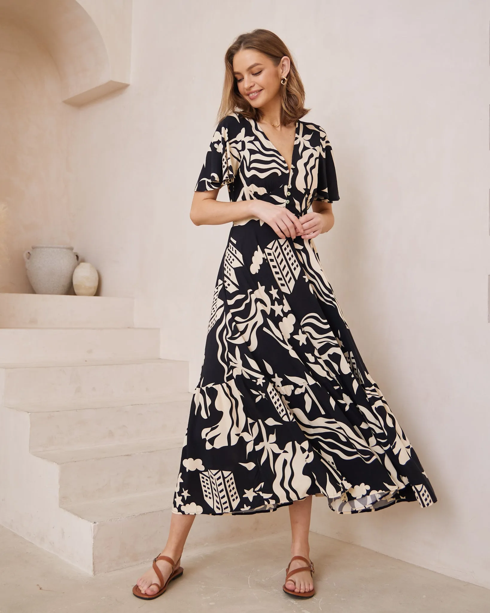 Cali Black Abstract V-Neck Midi Dress