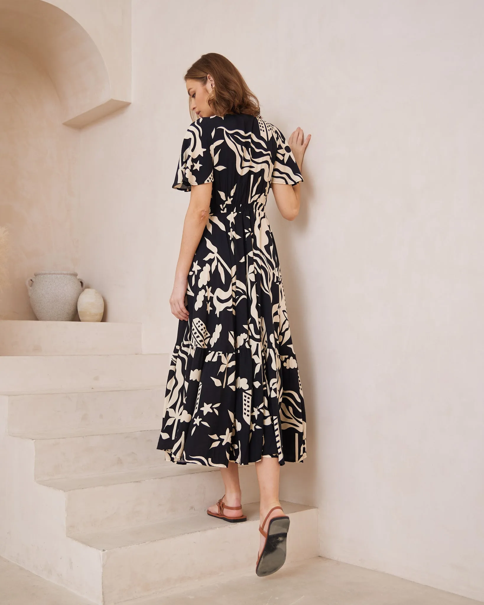 Cali Black Abstract V-Neck Midi Dress