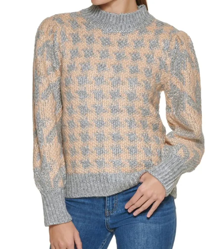 CALVIN KLEIN Medium Knit Houndstooth Women's Sweater Jumper in Grey/ Tan