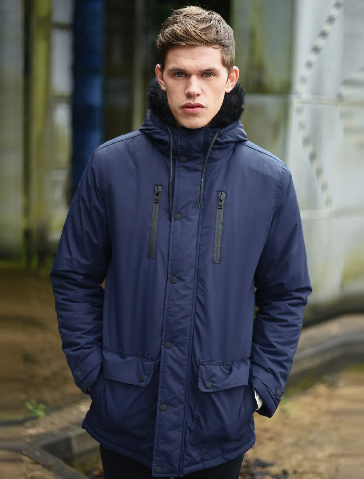 Carmine Fur Trim Hooded Parka Jacket in Midnight Blue - Tokyo Laundry