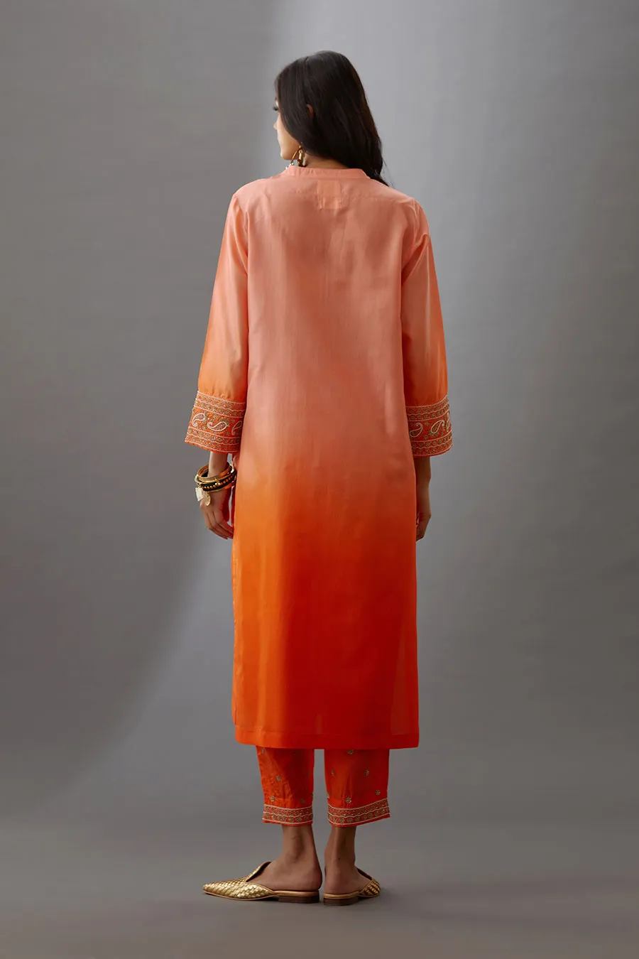 Coral Silk Embroidered Kurta & Pant Set