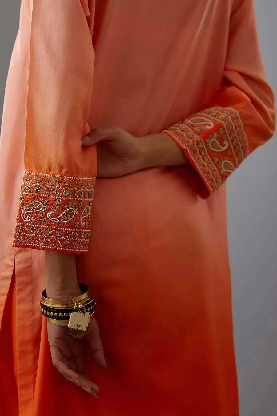 Coral Silk Embroidered Kurta & Pant Set
