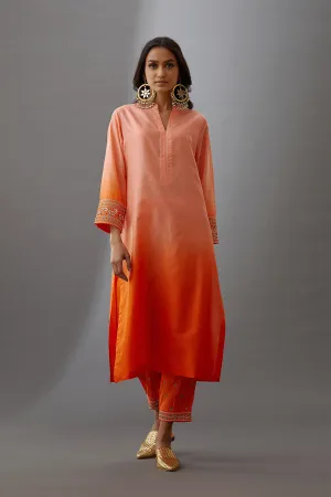 Coral Silk Embroidered Kurta & Pant Set