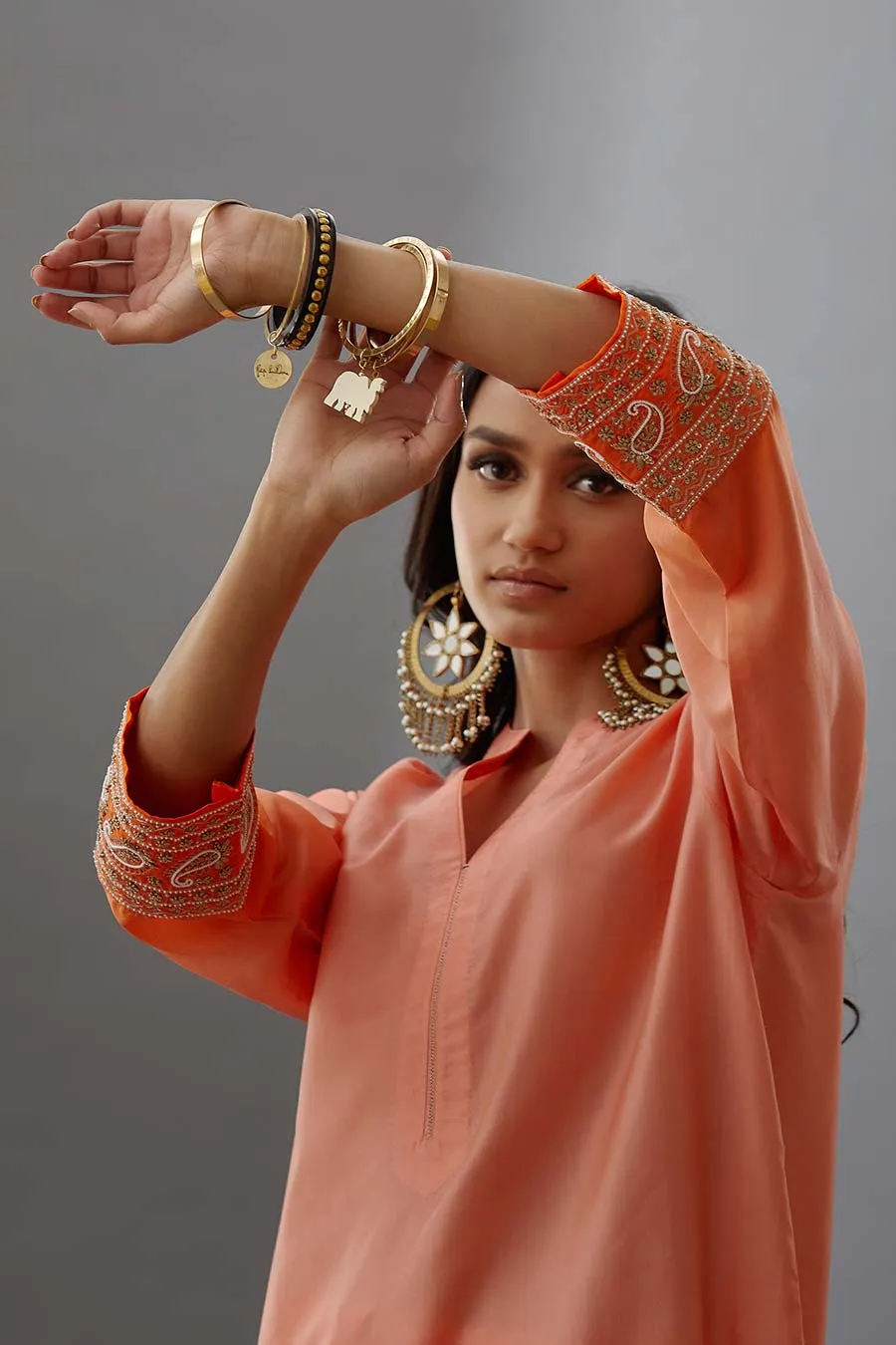 Coral Silk Embroidered Kurta & Pant Set