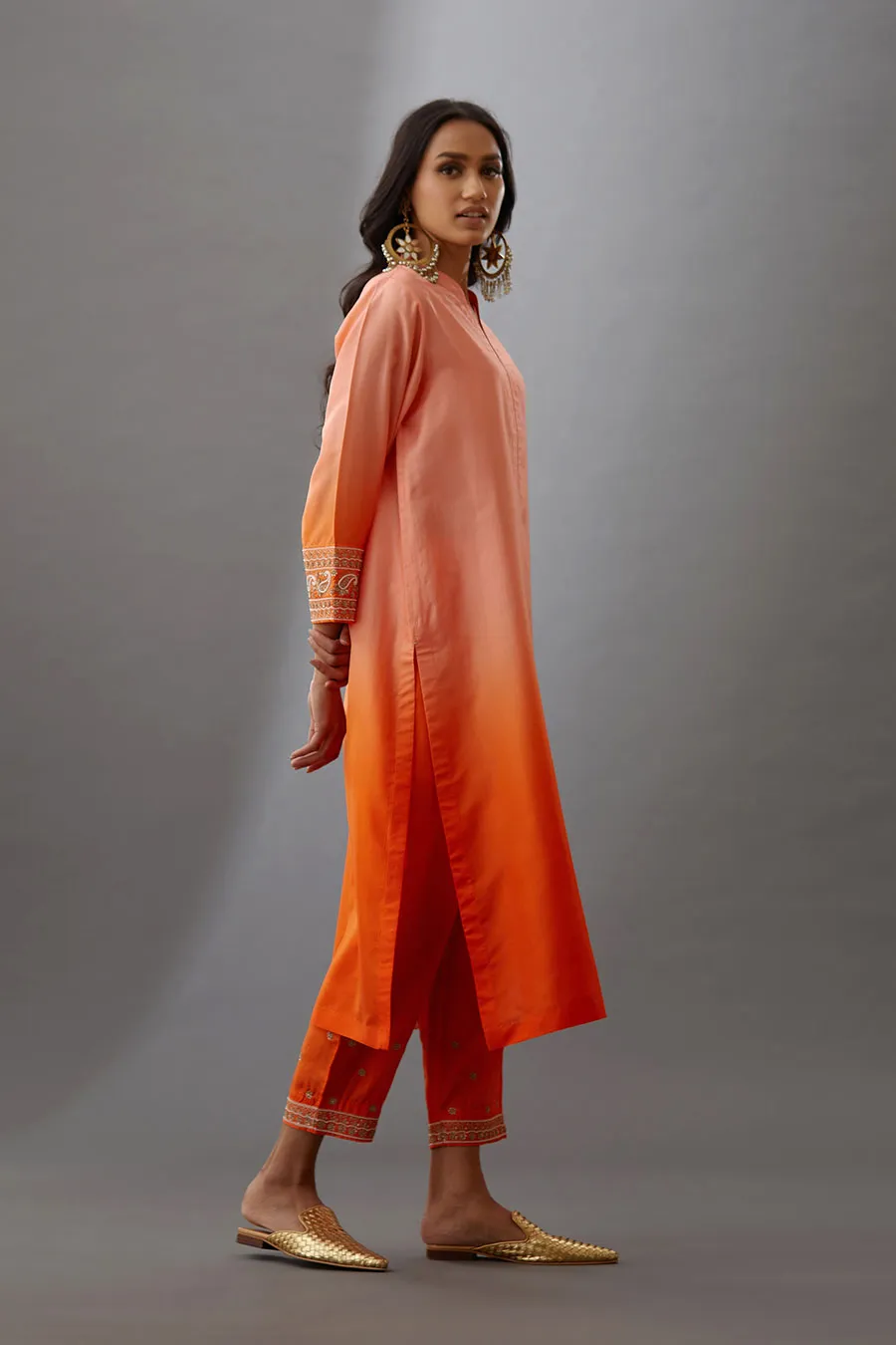 Coral Silk Embroidered Kurta & Pant Set