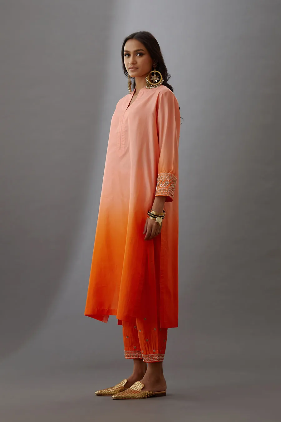 Coral Silk Embroidered Kurta & Pant Set