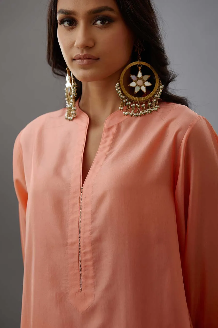 Coral Silk Embroidered Kurta & Pant Set