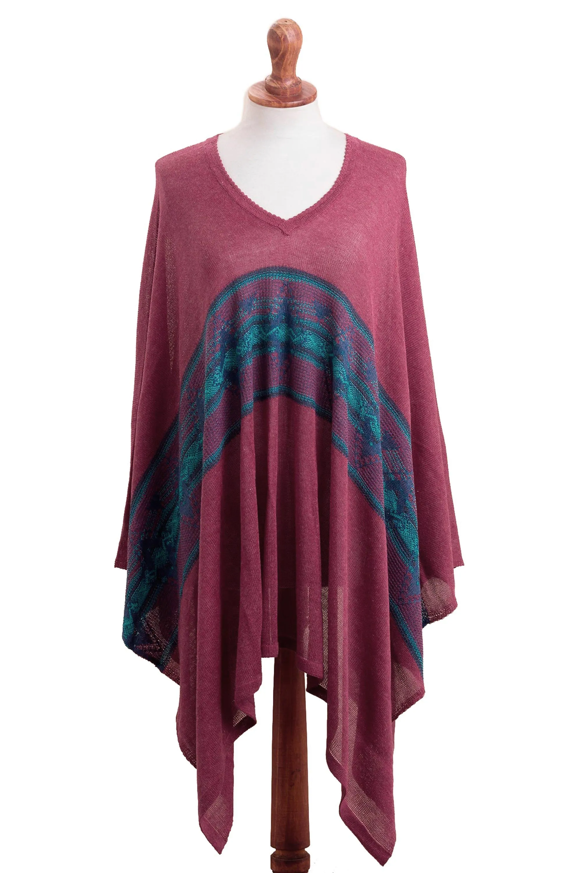 Cotton Blend Poncho in Cerise and Blue from Peru - Andean Charm | NOVICA
