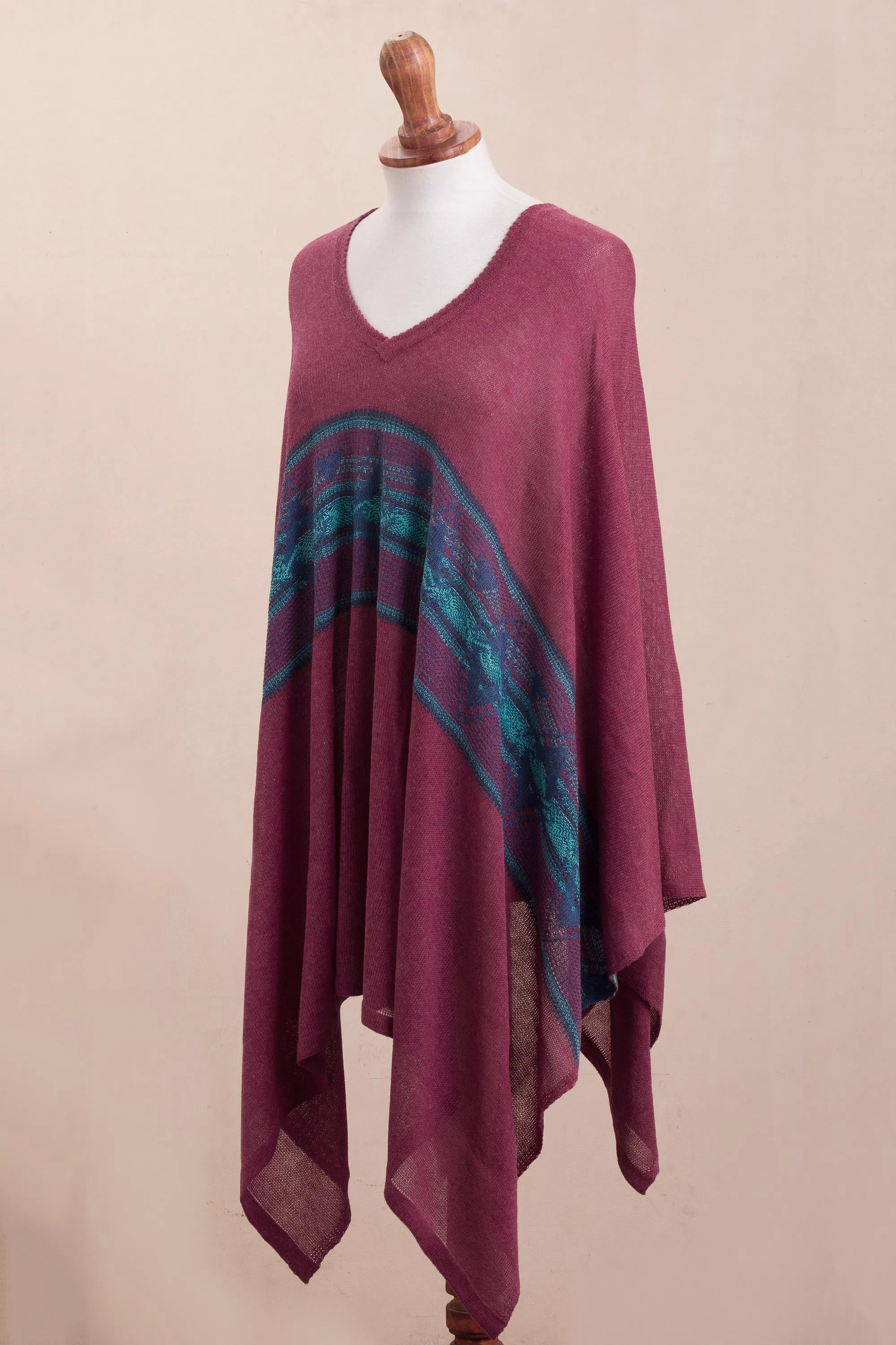 Cotton Blend Poncho in Cerise and Blue from Peru - Andean Charm | NOVICA