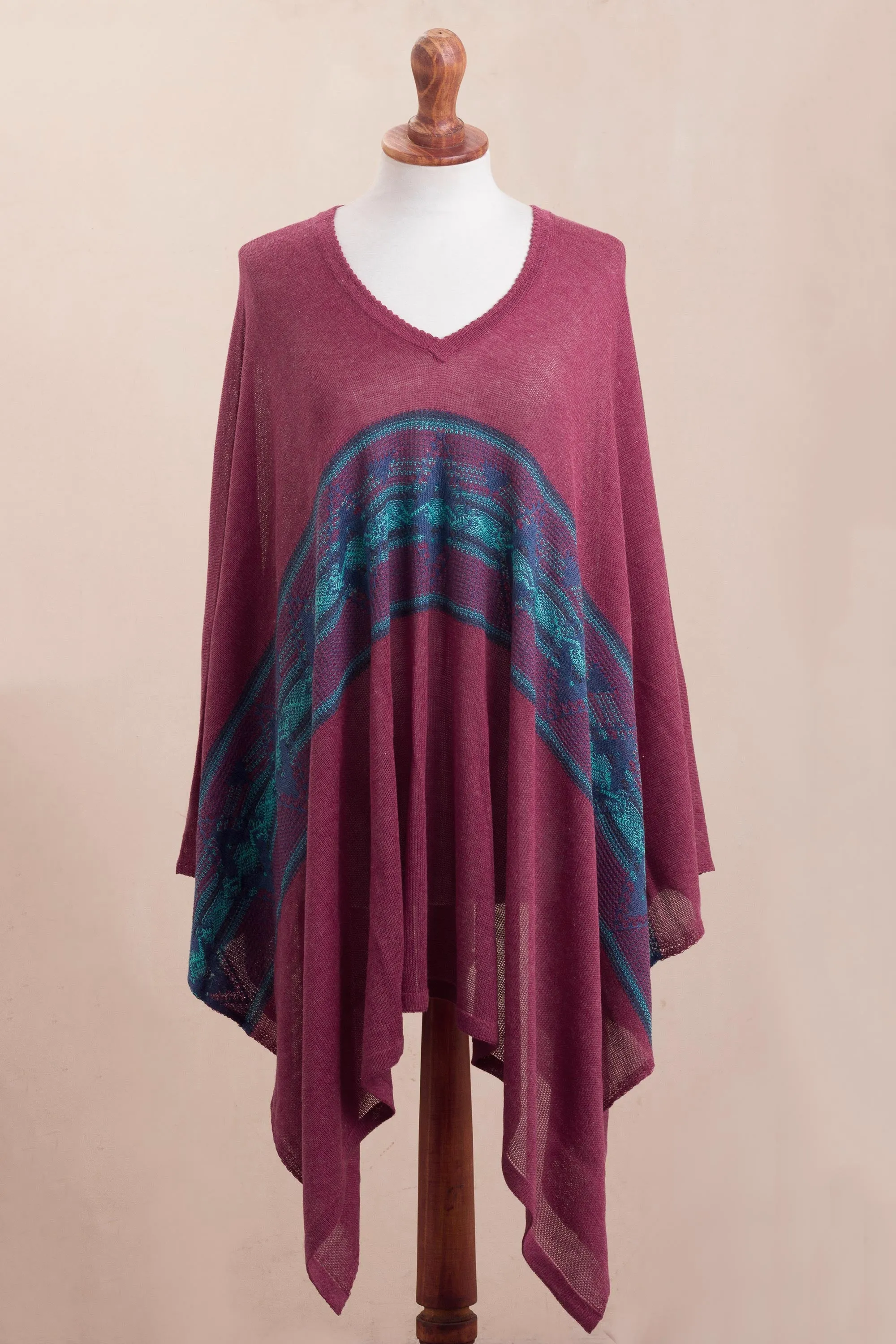 Cotton Blend Poncho in Cerise and Blue from Peru - Andean Charm | NOVICA