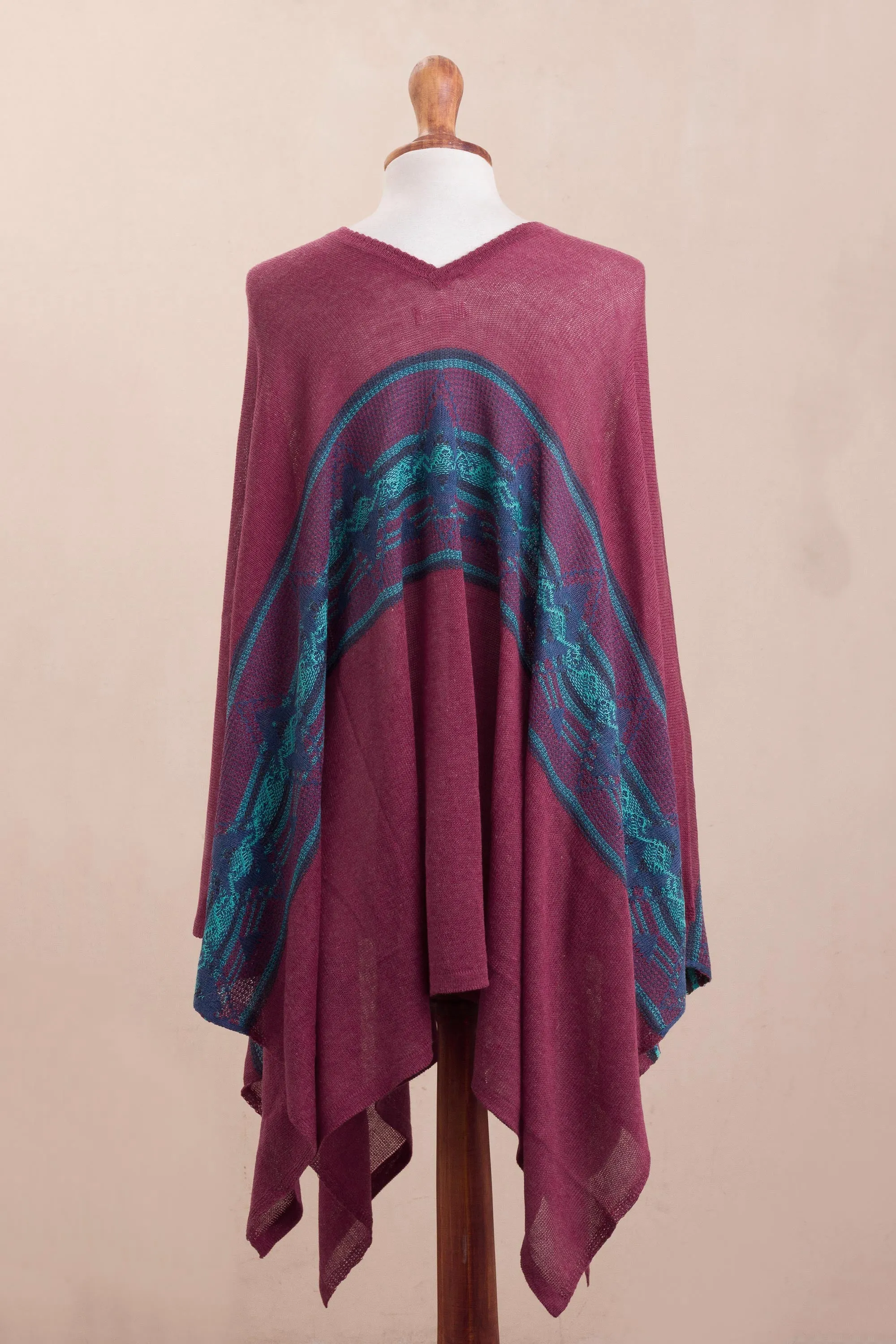 Cotton Blend Poncho in Cerise and Blue from Peru - Andean Charm | NOVICA