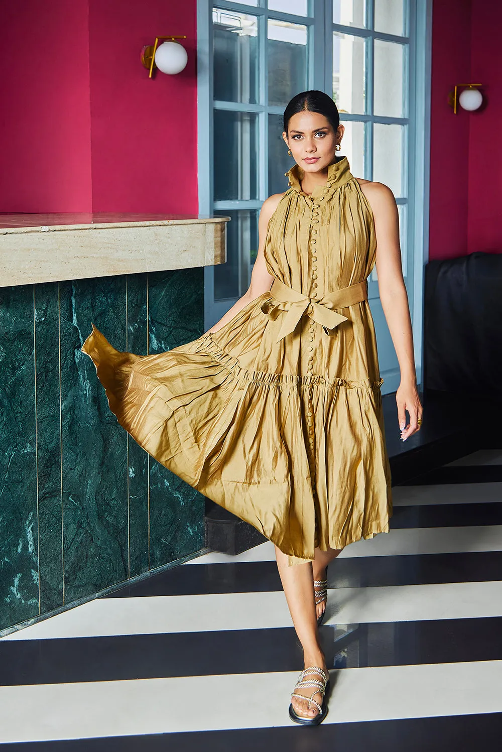 Cotton Viscose Ruffle Midi Dress With Waist Belt
