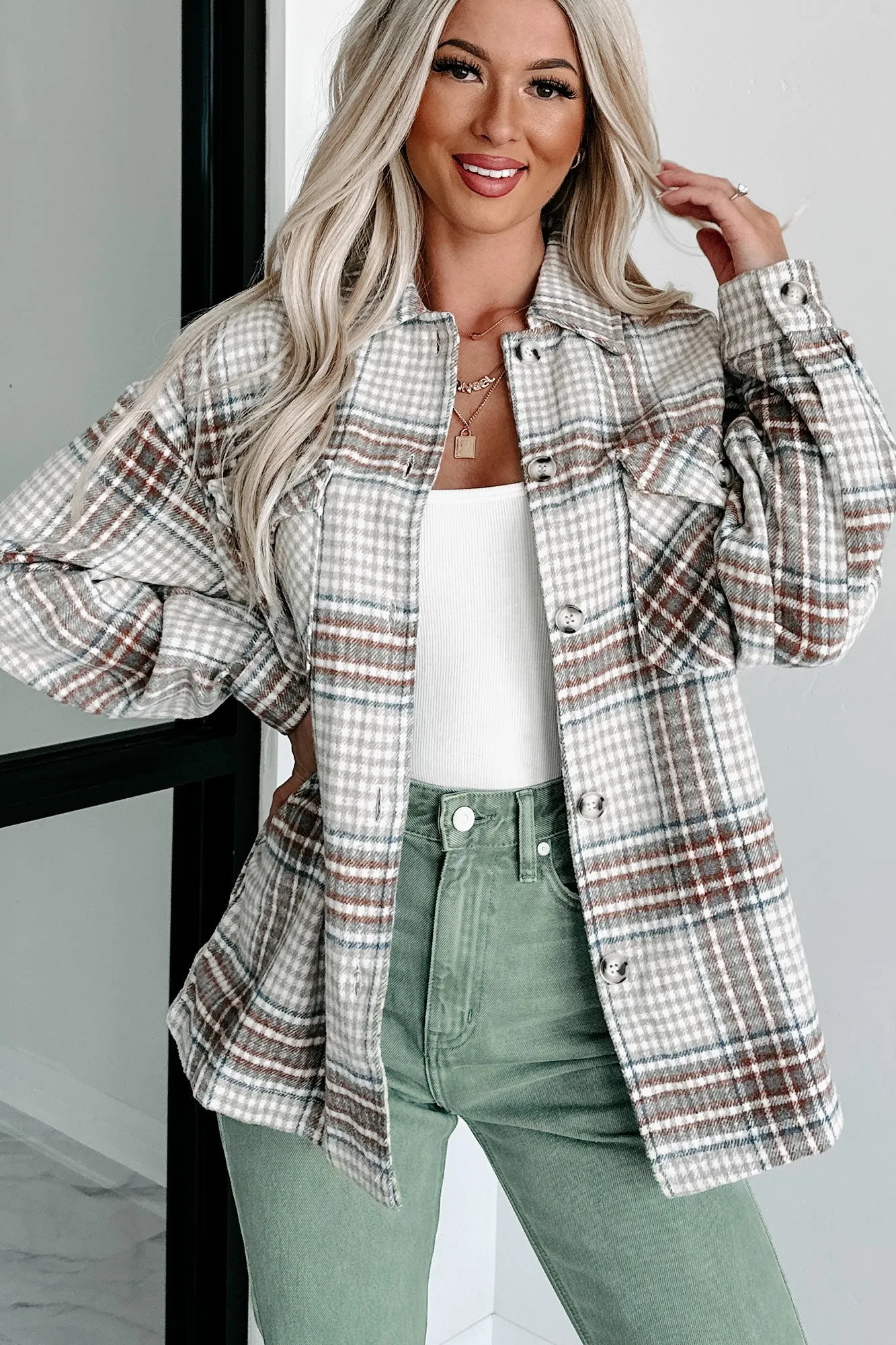 Counting On It Plaid Shacket (Brown)