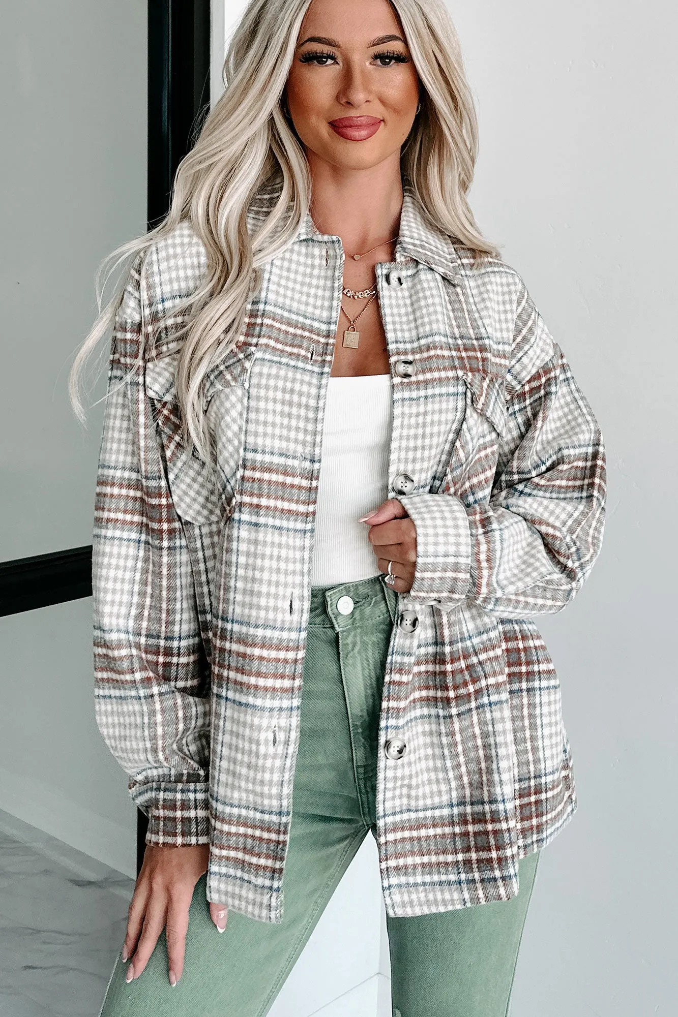 Counting On It Plaid Shacket (Brown)