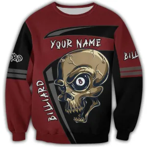 Custom Name 3D Skull Billiard Shirt Men, Billiard Sweatshirt Hoodie Skull Pattern, Billiard Club Christmas Shirts
