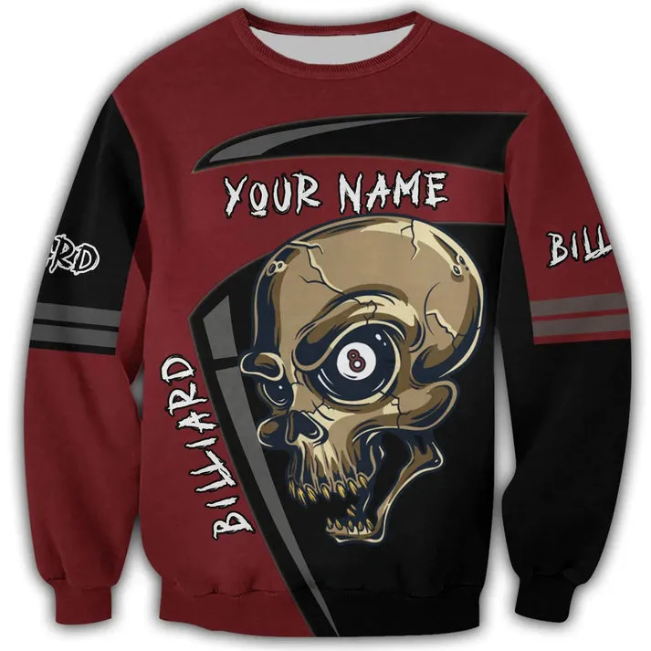 Custom Name 3D Skull Billiard Shirt Men, Billiard Sweatshirt Hoodie Skull Pattern, Billiard Club Christmas Shirts