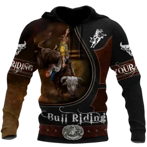Custom Name Bull Riding Hoodie, Bull Riding Clothing Leather Pattern, Bull Riding Lover Gifts, Brown Hoodies