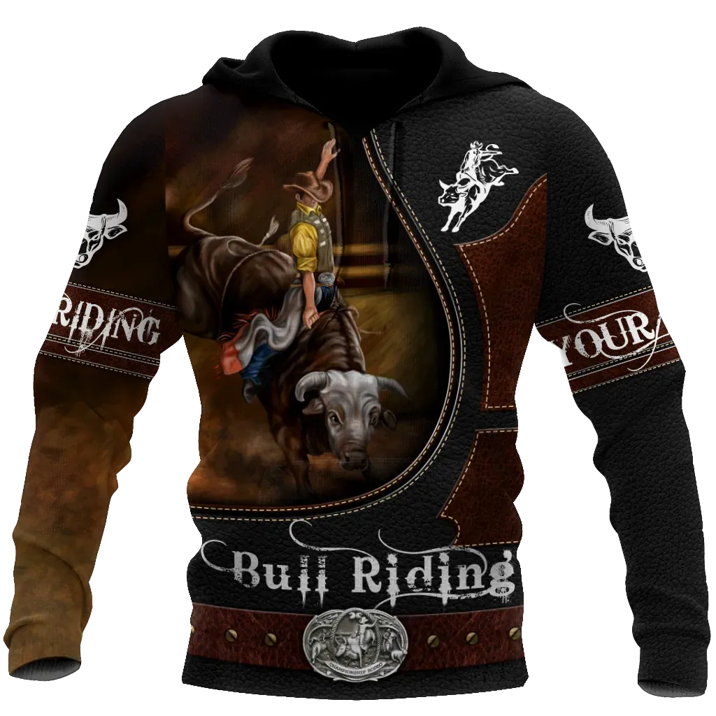 Custom Name Bull Riding Hoodie, Bull Riding Clothing Leather Pattern, Bull Riding Lover Gifts, Brown Hoodies
