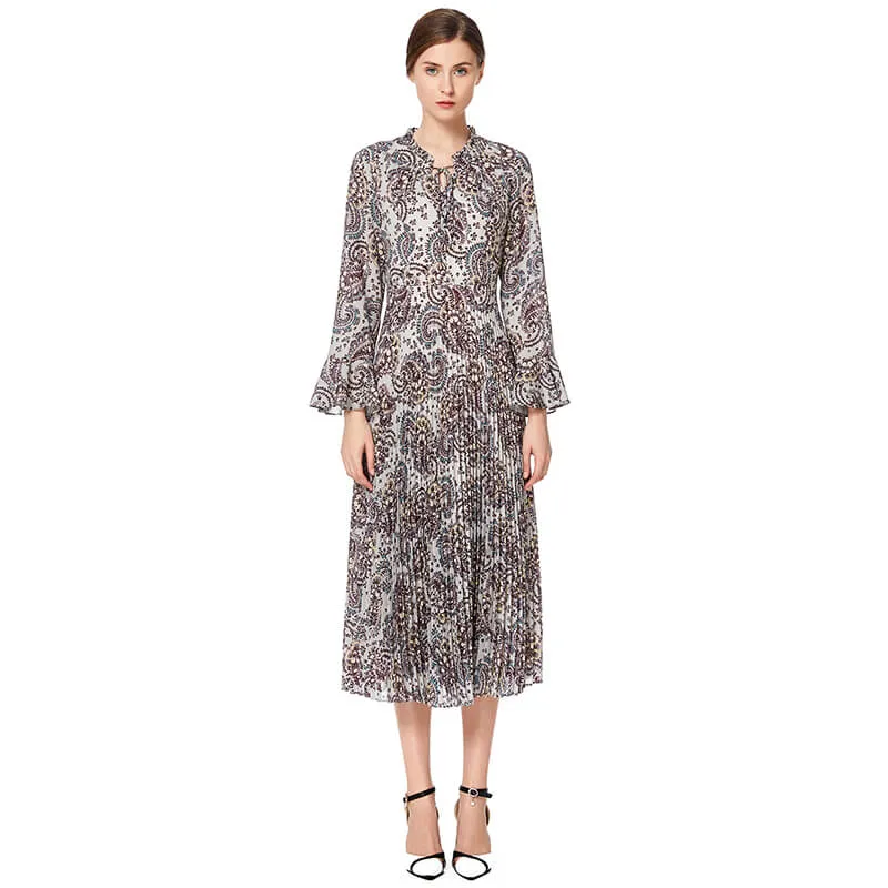 D037 Women paisley print long sleeves sunburst pleated midi day dress