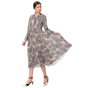D037 Women paisley print long sleeves sunburst pleated midi day dress