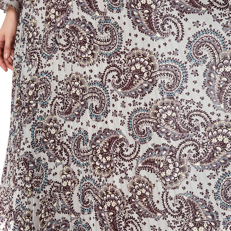 D037 Women paisley print long sleeves sunburst pleated midi day dress