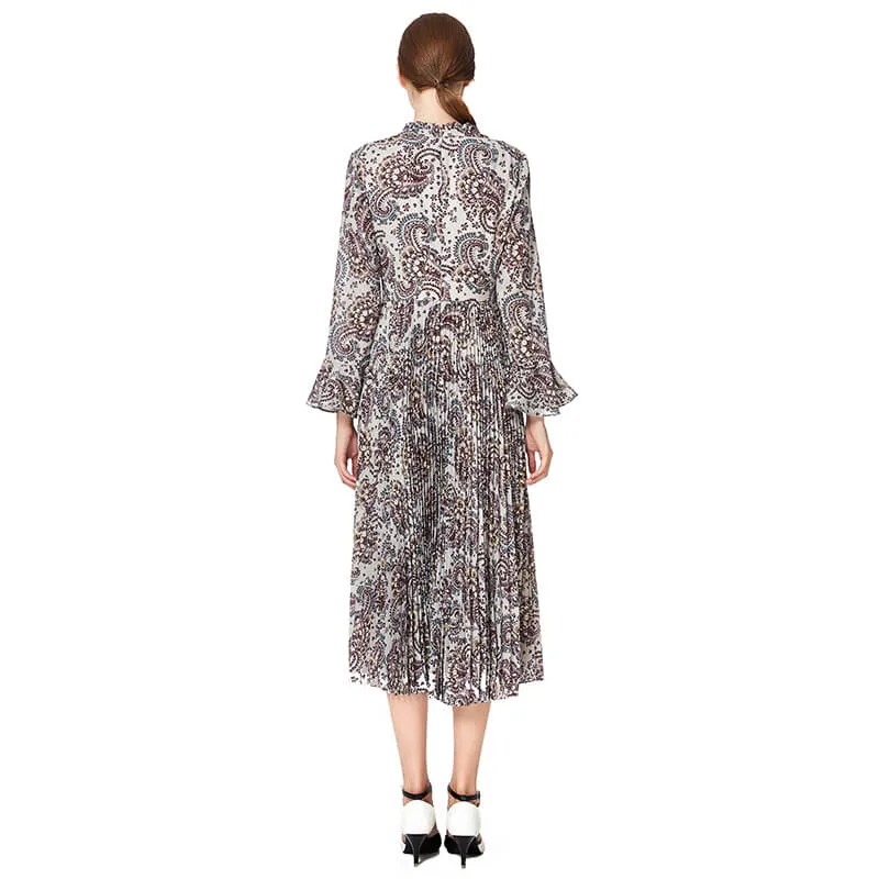 D037 Women paisley print long sleeves sunburst pleated midi day dress