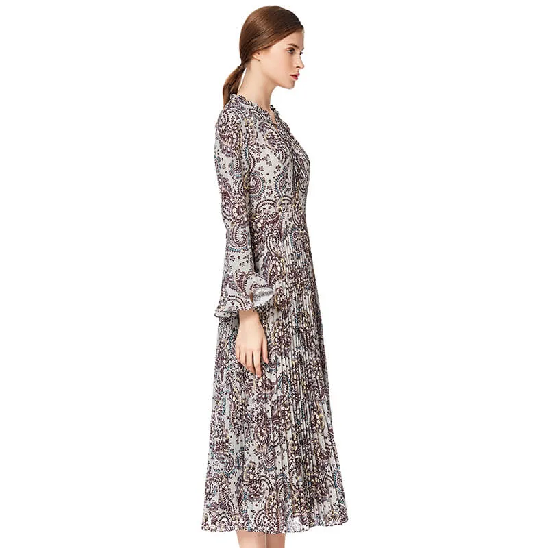 D037 Women paisley print long sleeves sunburst pleated midi day dress