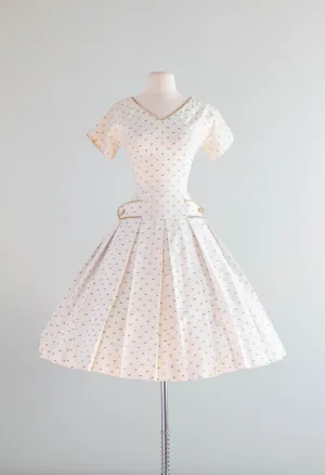 Darling 1950's Ivory Faille Party Dress With Green Trees / Small